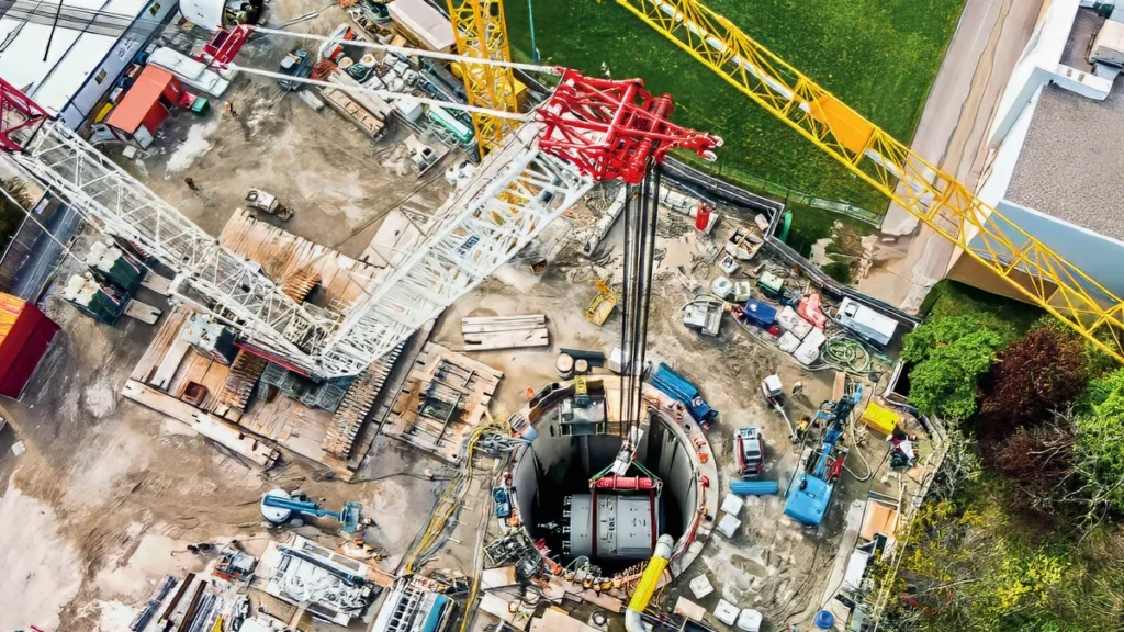 Lowering the first section of the EPBM into the shaft. All photos courtesy EBC Bessac Joint Venture.